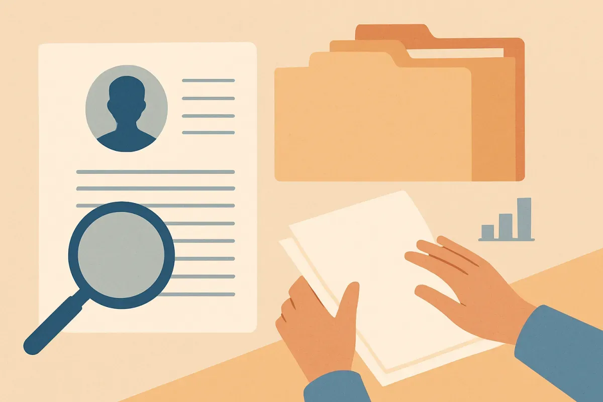 A flat illustration shows a resume page, magnifying glass, folders, and an organized desk with papers.