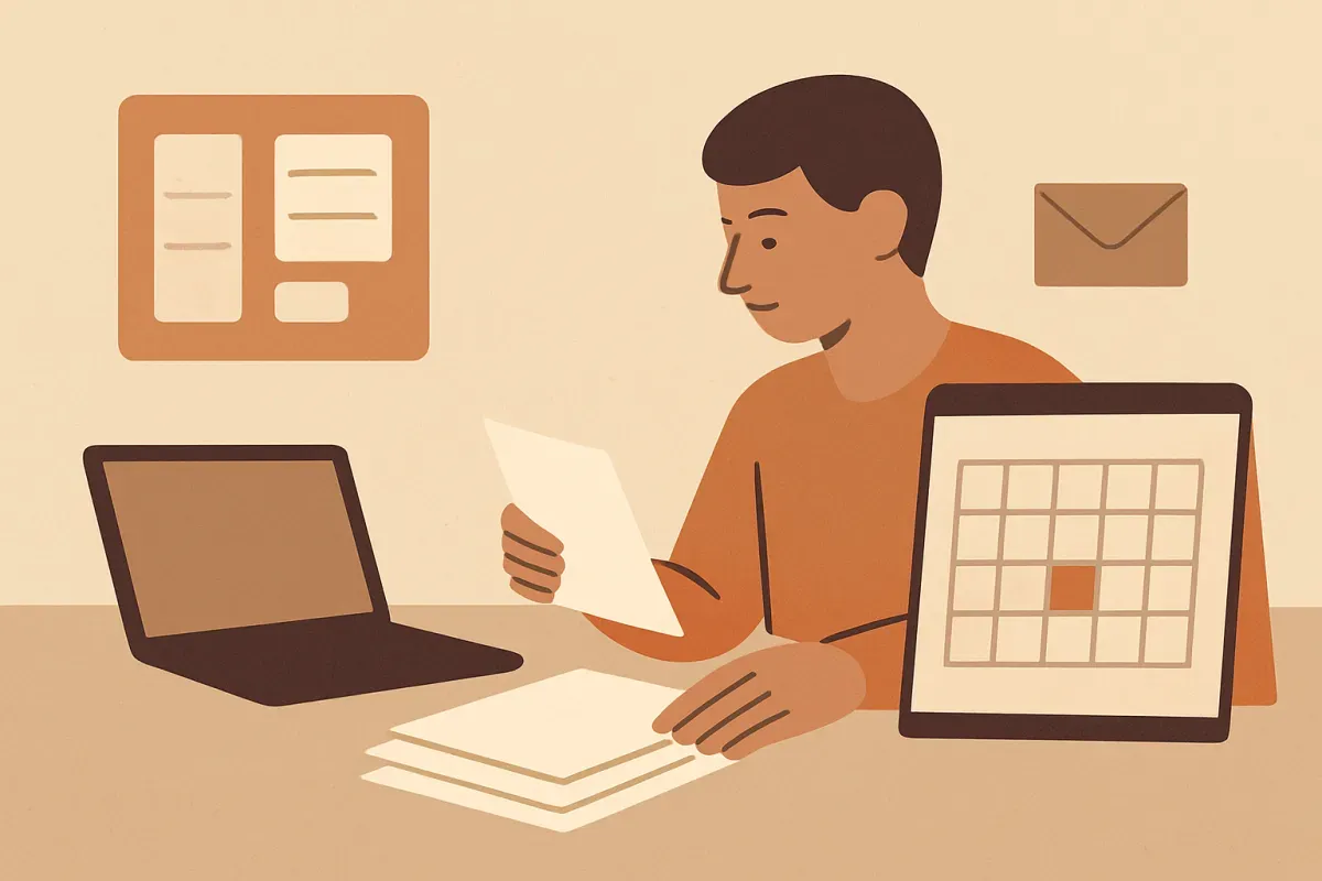 A flat illustration shows a job seeker organizing application materials beside a calendar with one highlighted day, a laptop, a tracker board, and an envelope.
