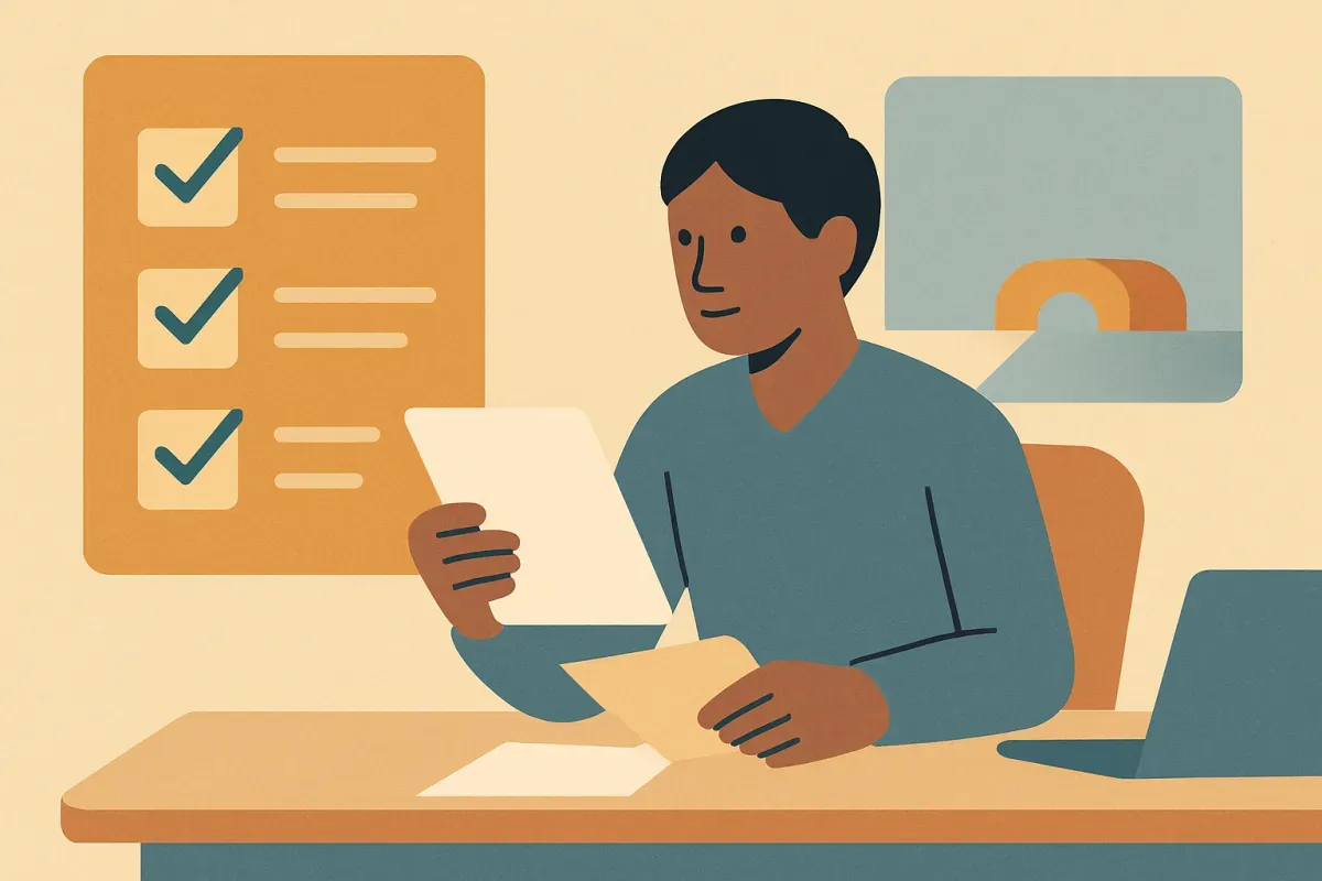 A flat illustration shows a job seeker connecting a highlighted job requirement with a relevant work achievement at a desk.