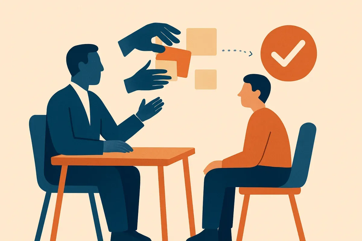 A flat illustration shows two people in an interview setting with one person connecting task icons to a completed outcome symbol.
